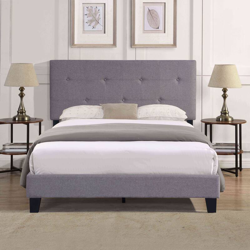 King Size Upholstered Platform Bed Frame with Linen Fabric Headboard, No Box Spring Required
