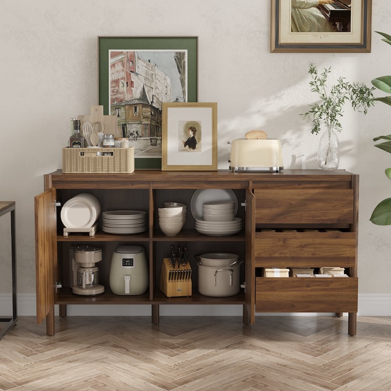 Wooden Living Room Storage Organizer,TV Stand Cabinet with 2 Doors & 3 Drawers,Mid-Century