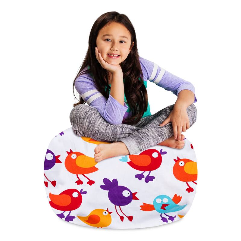 Kids Bean Bag Chair Cover Stuffed Animal Storage or Toy Organizer - 27 Inch Medium - Canvas Birds on White