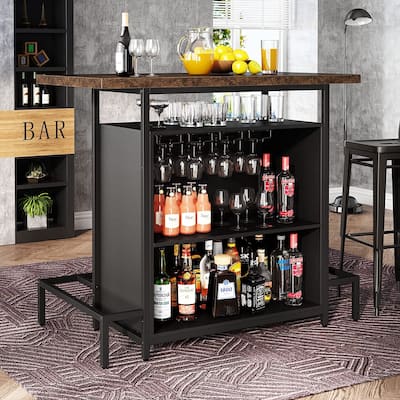 Home Bar Unit, Industrial 3-Tier Liquor Bar Table with Glasses Holder