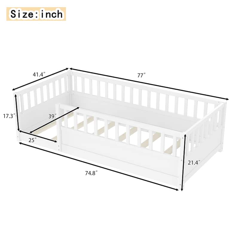 Montessori Wooden Floor Bed with High Safety Fence and Door, Pine Kids Floor Bed Frame for Boys and Girls