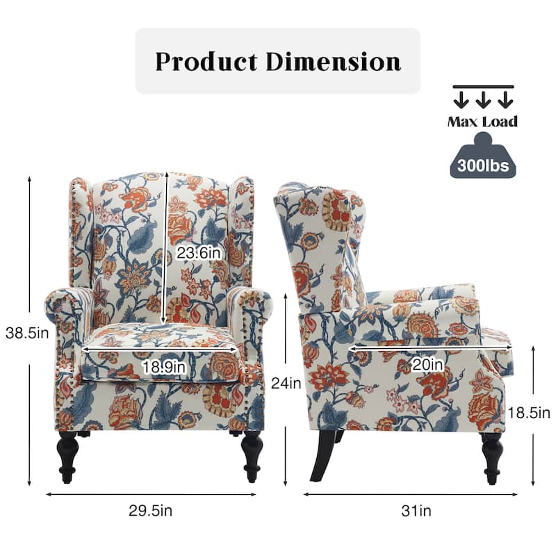 HOMYKA 29'' Wide Floral Pattern Wingback Accent Armchair with Nailhead Trim