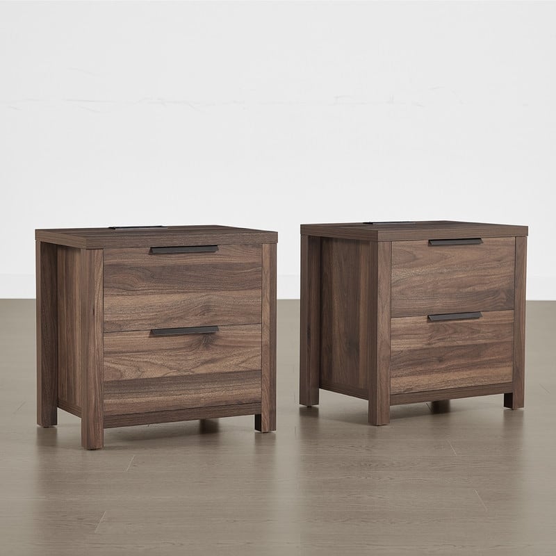 Spruce & Spring Scout Farmhouse Solid Wood Nightstand with 2 Drawers and Type-C, USB & 2 Power Outlets - Walnut-Set of 2