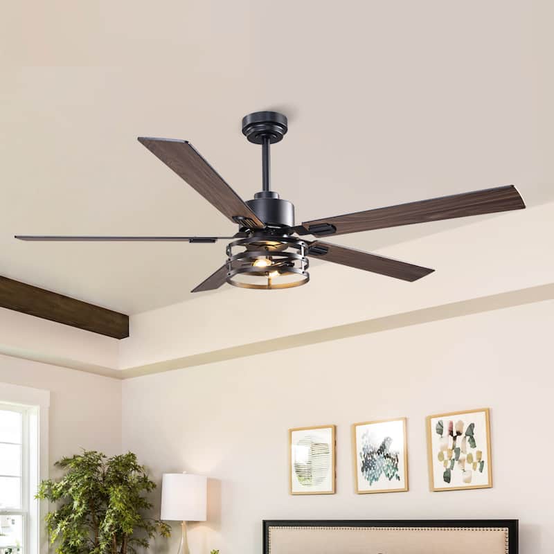 Vaczon 52" Industrial Reversible Wood 5-Blade Black Ceiling Fan with Light and APP Control