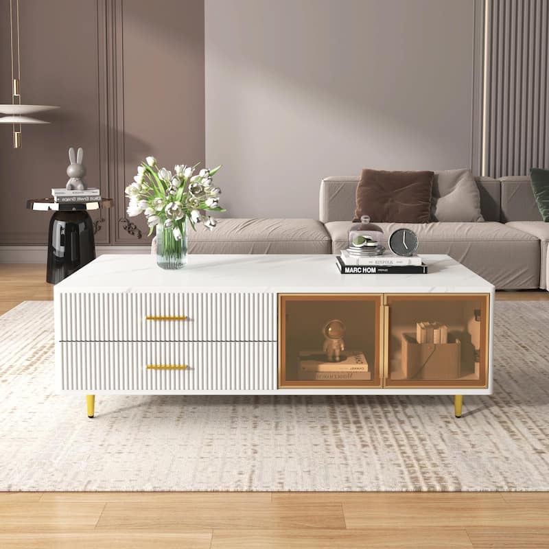 47.2'' Modern White Coffee Table with Glass Door Storage, 4 Drawers and Multi-Color Lighting