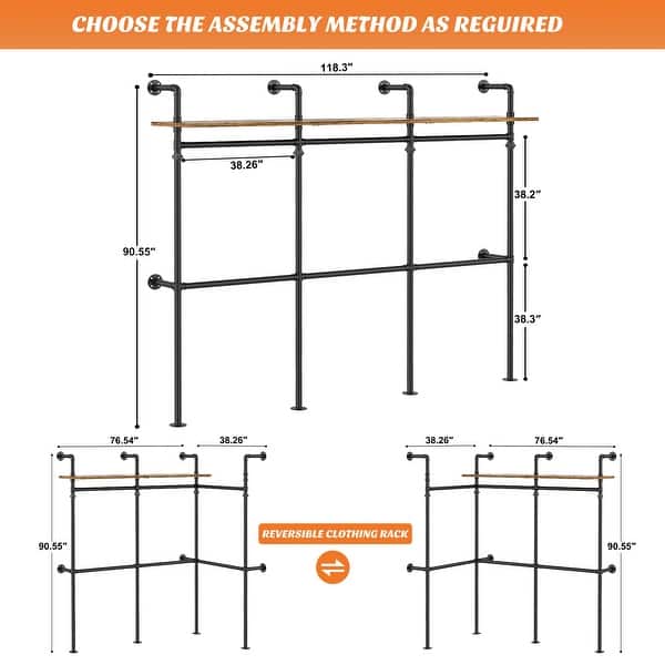 dimension image slide 2 of 3, Industrial Pipe Clothing Rack, Reversible 118.3'' Garment Rack with LED Lights& Shelves for Walk-in Closet