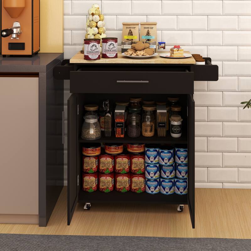Rolling Kitchen Island with Rubber Wood Table Top, Kitchen Island Cart on Wheels with Adjustable Shelf, 1 Drawer & 2 Doors
