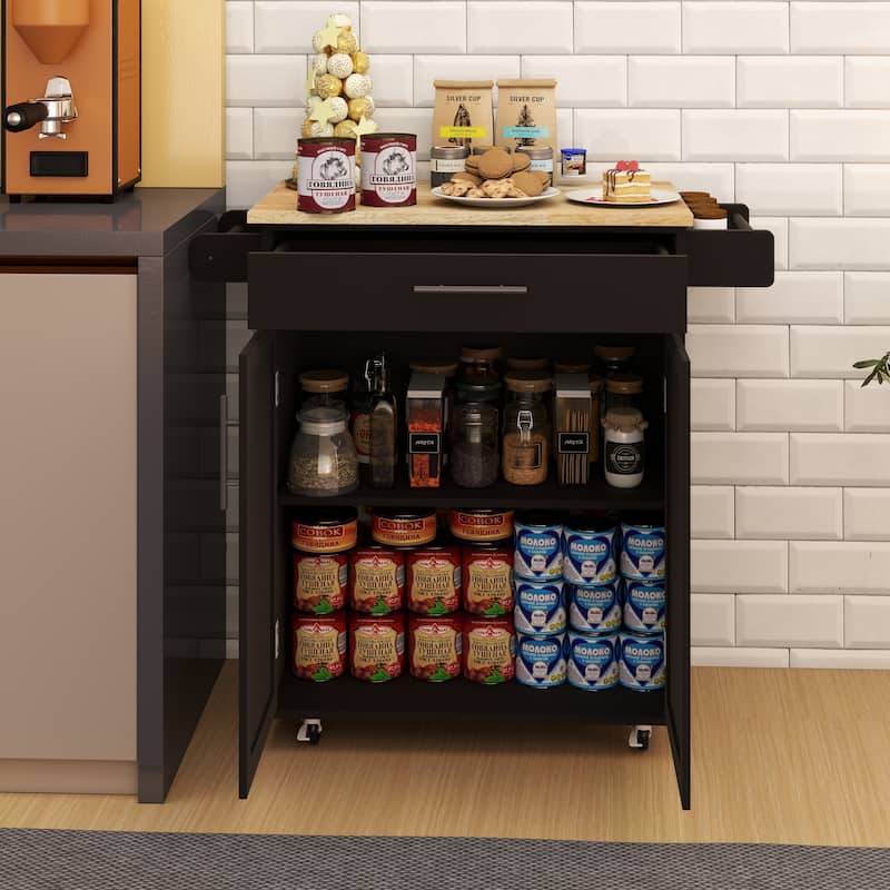 Wood Countertop Kitchen Island Rolling Cart with Drawer & Shelves, Towel, Seasoning Rack, Rolling Side Table on Wheels