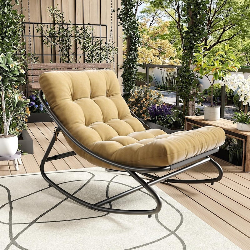 Outdoor Patio Papasan Rocking Chair with Cushion for Porch, Garden, Living Room - Tan