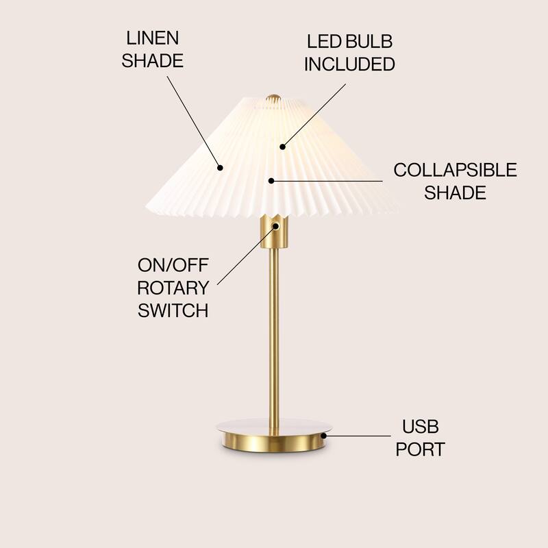 Isla 21.25" Modern Glam Metal Column LED Table Lamp with USB Charging Port and Pleated Shade, Brass Gold/White, by JONATHAN Y