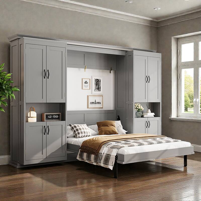 Queen Murphy Bed with Sliding Storage Cabinets, Dual 6-Tier Shelves, Space-Saving Hidden Wall Bed
