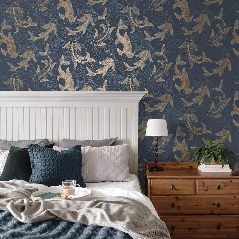Fine Decor Dashiell Navy Decorative Fish Wallpaper