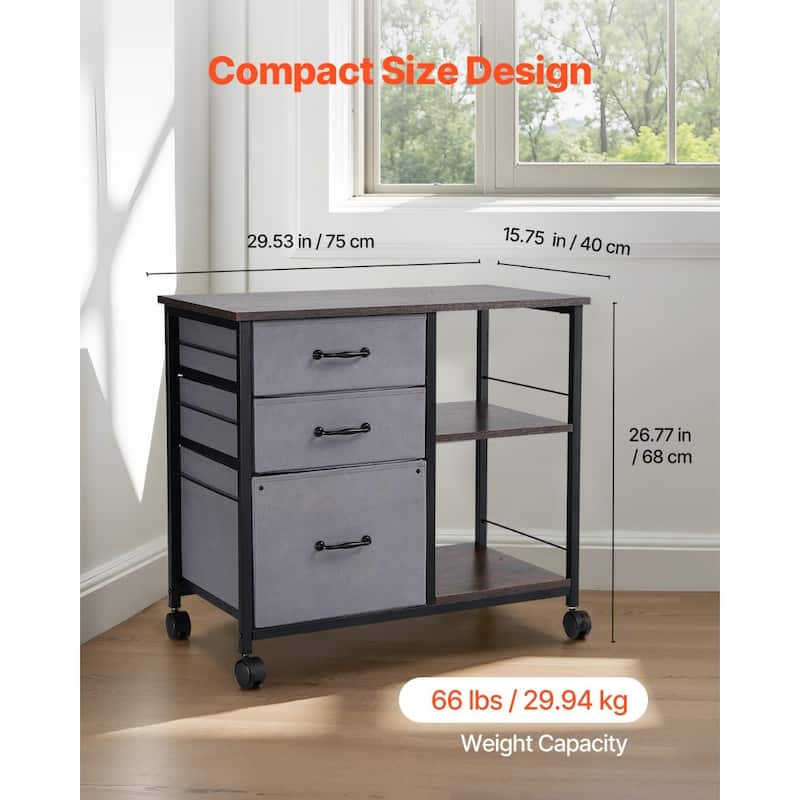 Iron and Wood 3 Drawer File Cabinet with Open Shelves and Casters