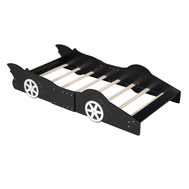 Full Size Race Car-Shaped Platform Bed with Sturdy Construction and Side Rails