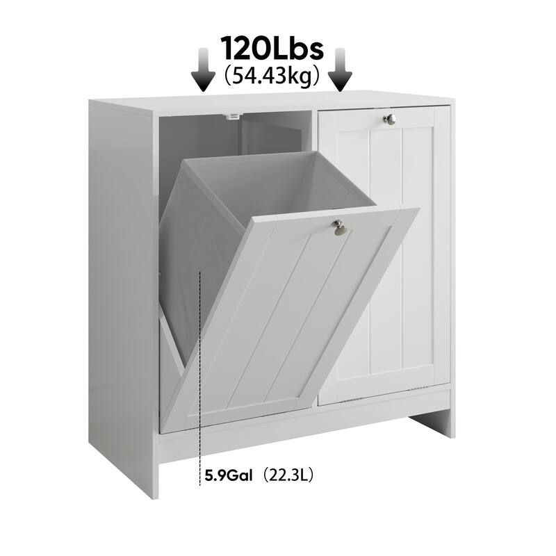 Roomfitters Modern Tilt Out Laundry Hamper Cabinet, Double Hidden Storage Organizer with Open Shelf for Bathroom, White