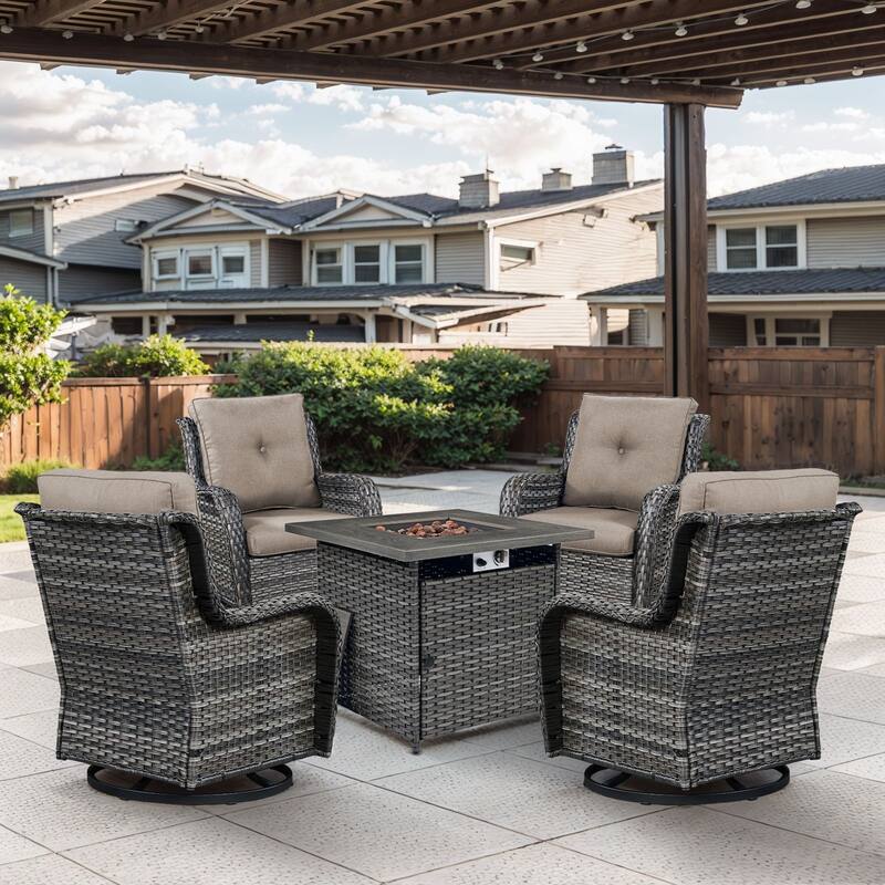 Gymojoy 5-Piece Outdoor Wicker Patio Furniture with Fire Pit Table, Rattan Coversation Set with Water Resistant Thick Cushions - Grey Wicker / Grey Cusion - 5-Piece