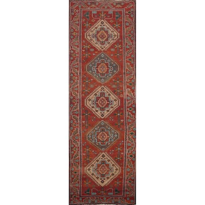 Hand Knotted Oriental 100% Wool Carpet Traditional Geometric Oranges & Rust Heriz Runner Rug - 14' 0'' X 3' 7''