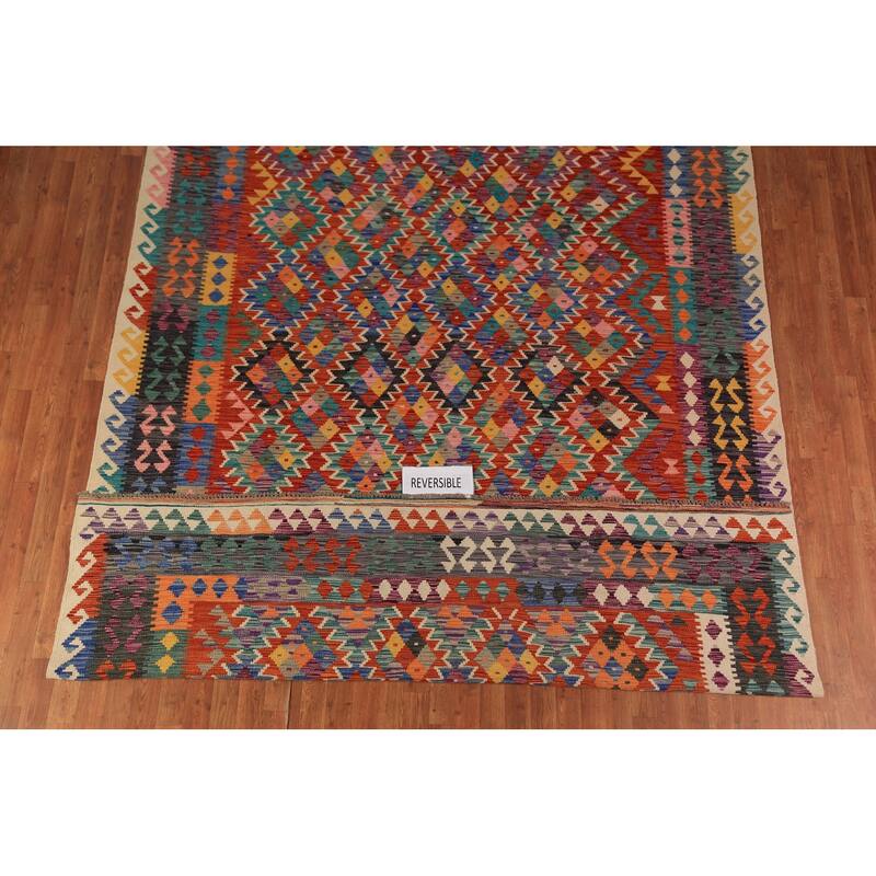 Geometric Kilim Reversible Area Rug Flatweave Multi-Color Wool Carpet - 8'2"x 11'4"