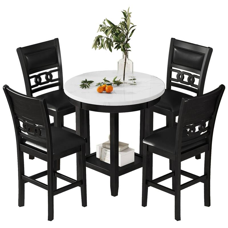 5Piece Counter Height Dining Round Table Set with One Faux Marble Top