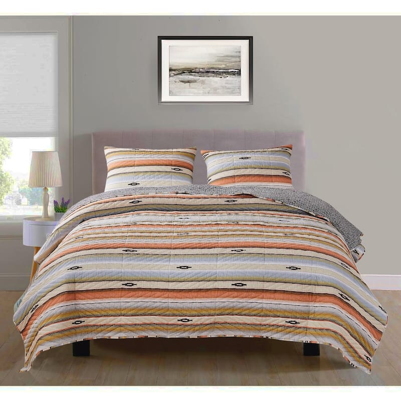 3 Piece Microfiber Full Size Quilt Set with Chevron Print, Multicolor