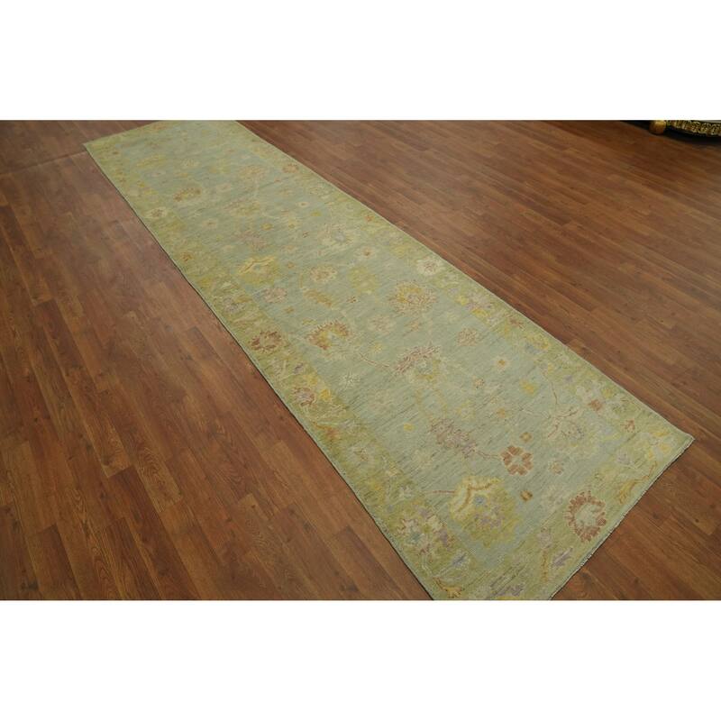 Vegetable Dye Wool Oushak Turkish Runner Rug, Floral Geometric - 11' 7'' X 3' 1''