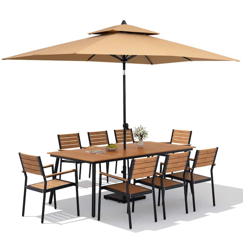 11PC Outdoor Patio Dining Set Aluminum Table with Stackable Armchairs w/ Premium Market Umbrella Sets