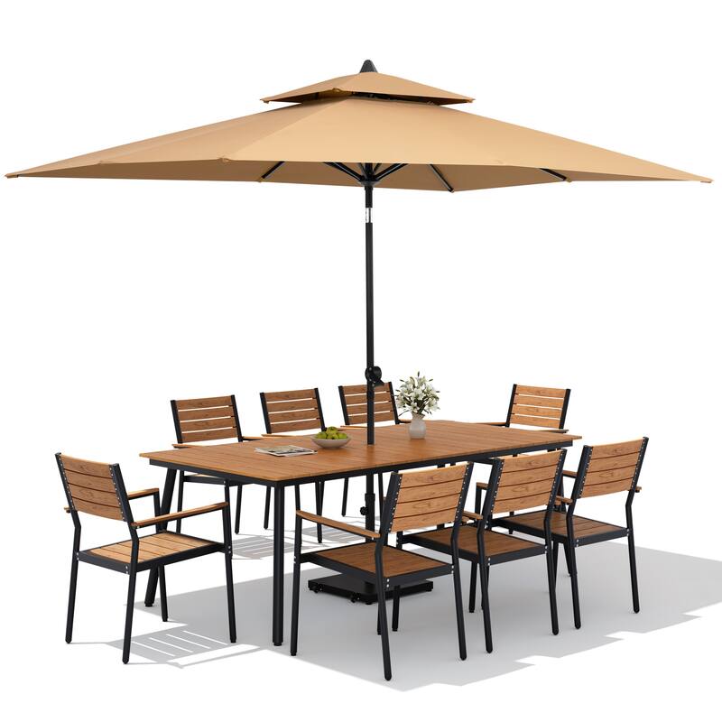 11PC Outdoor Patio Dining Set Wood-Like Aluminum Table with Stackable Armchairs,Double Top Market Umbrella and Wheel Base
