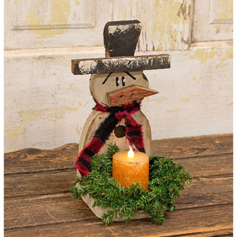 Rustic Wood Snowman Candle Sconce with Layered Distressed Finish for Winter Home Decor - 9.75" H x 4" W x 4.25" D