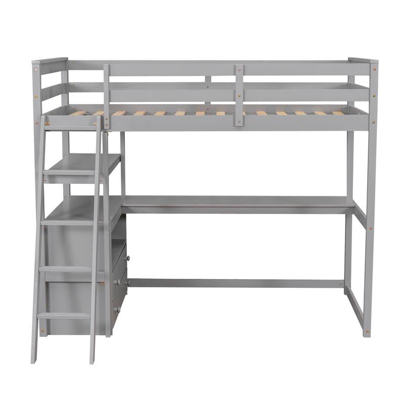 Twin Size Loft Bed with Desk, Shelves, and Two Drawers in Gray