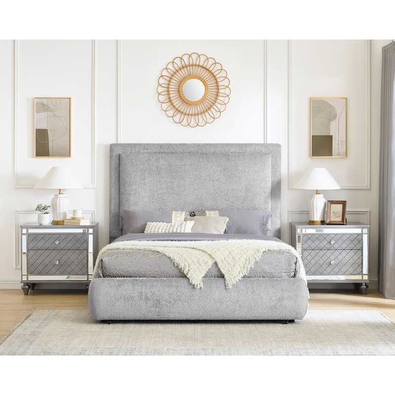Queen Size Upholstered Bed Frame with Hidden Storage and High Padded Headboard in Pewter