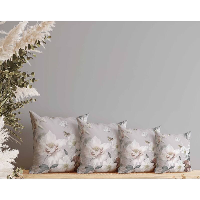 Leafy Lepidoptera Medley Faux Suede Reversible Throw Pillow White and Silver