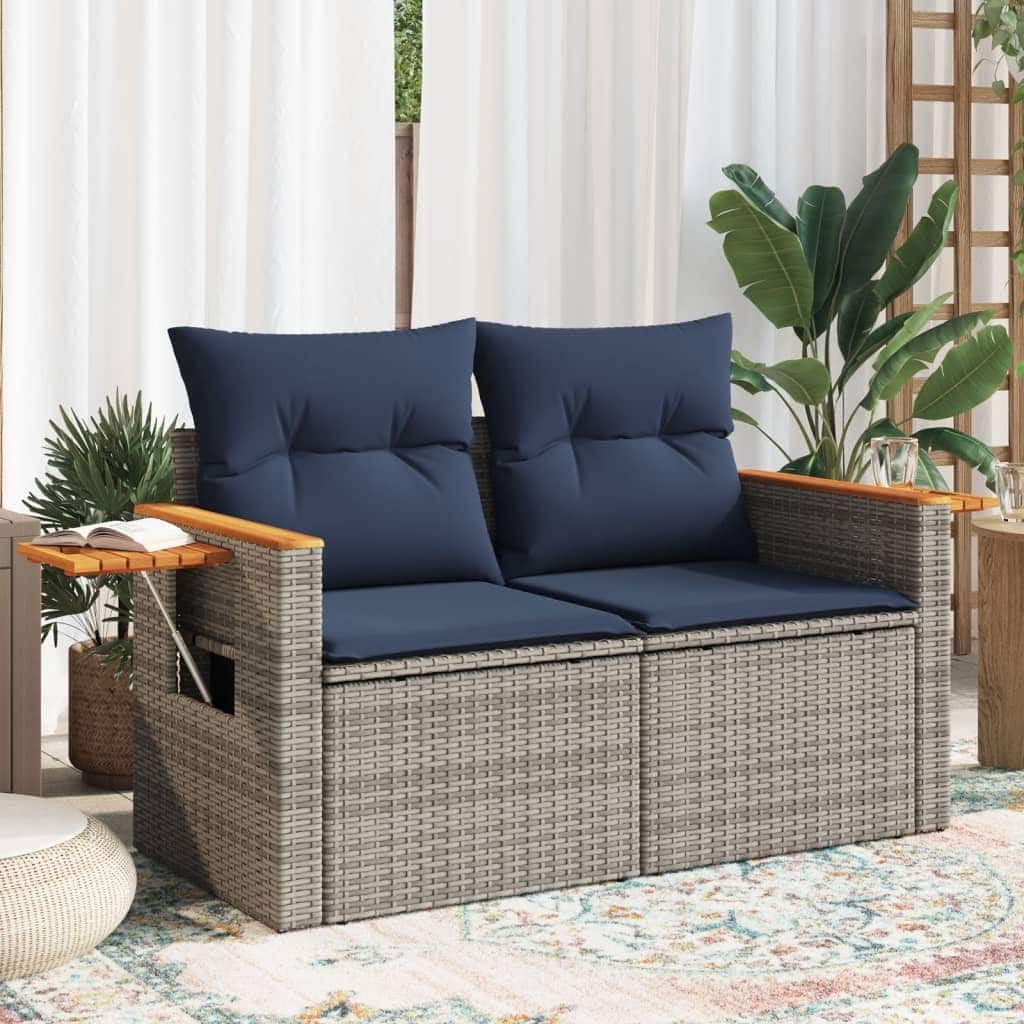 vidaXL Patio Sofa with Cushions 2-Seater Gray Poly Rattan - 48.8 x 24.4 x 27.2