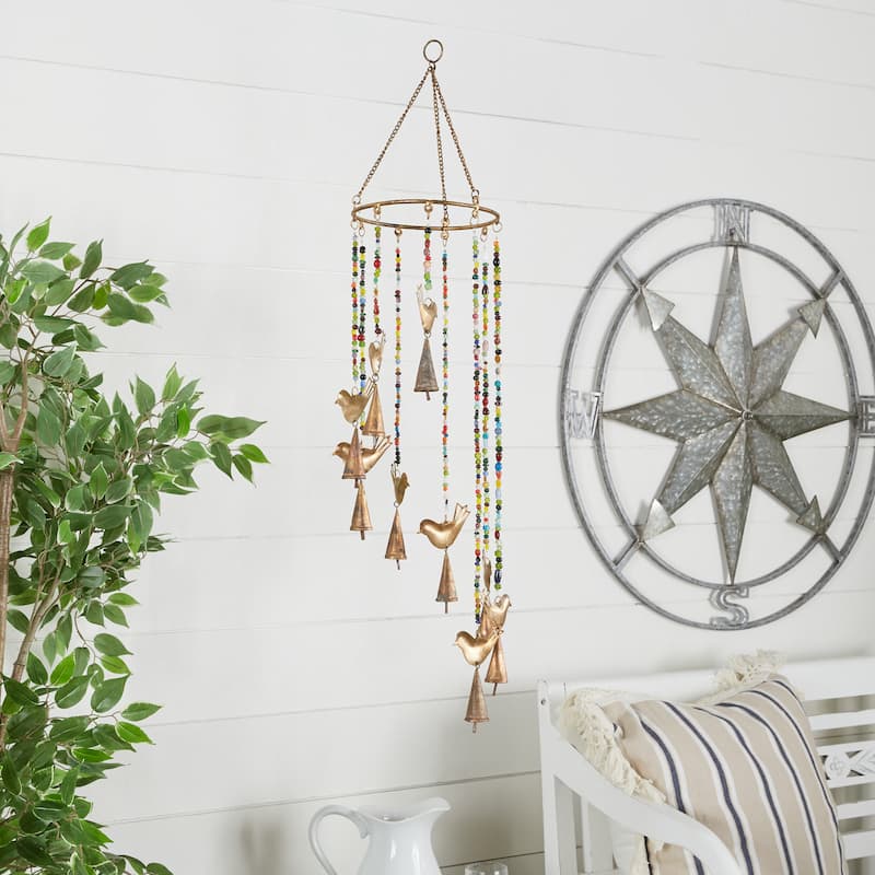 Gold Metal Indoor Outdoor Bird Windchime with Glass Beads and Cone Bells - 7 x 7 x 26