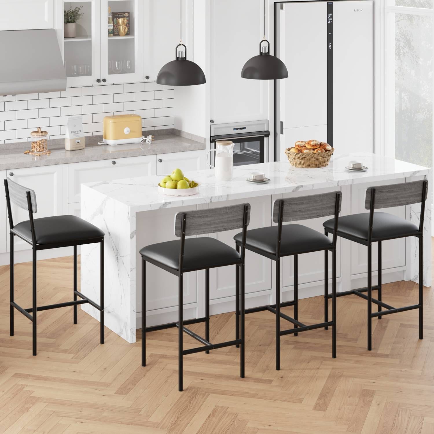 Upholstered Bar Stools Set of 4 with Footrest, Thick Cushion