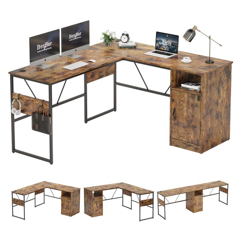 60'' L Shaped Desk with Storage Cabinet Office Computer Desk
