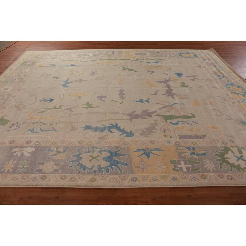 Hand Knotted Oriental 100% Wool Carpet Transitional All-Over Beige & Ivories Oushak Area Rug - 12' 3'' X 9' 4''