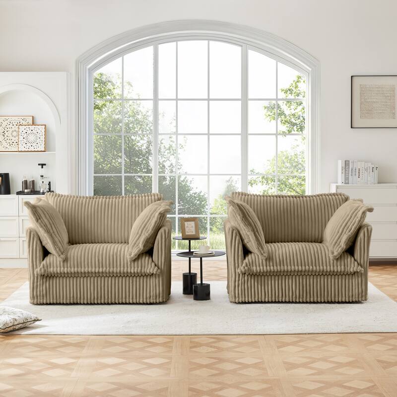 Living Room Chairs Set of 2, Oversized Reading Chair, Corduroy Upholstered Armchair with Deep Seat for Bedroom Reading Spaces - Cream