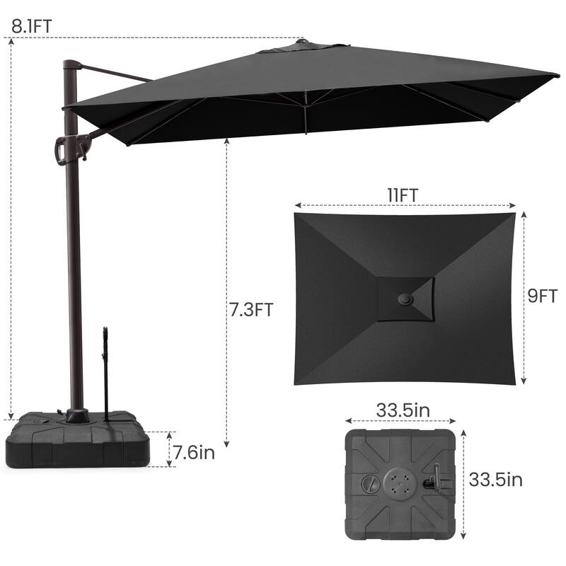 11 x 9 FT Outdoor Aluminum Cantilever Offset Umbrella with Base Stand