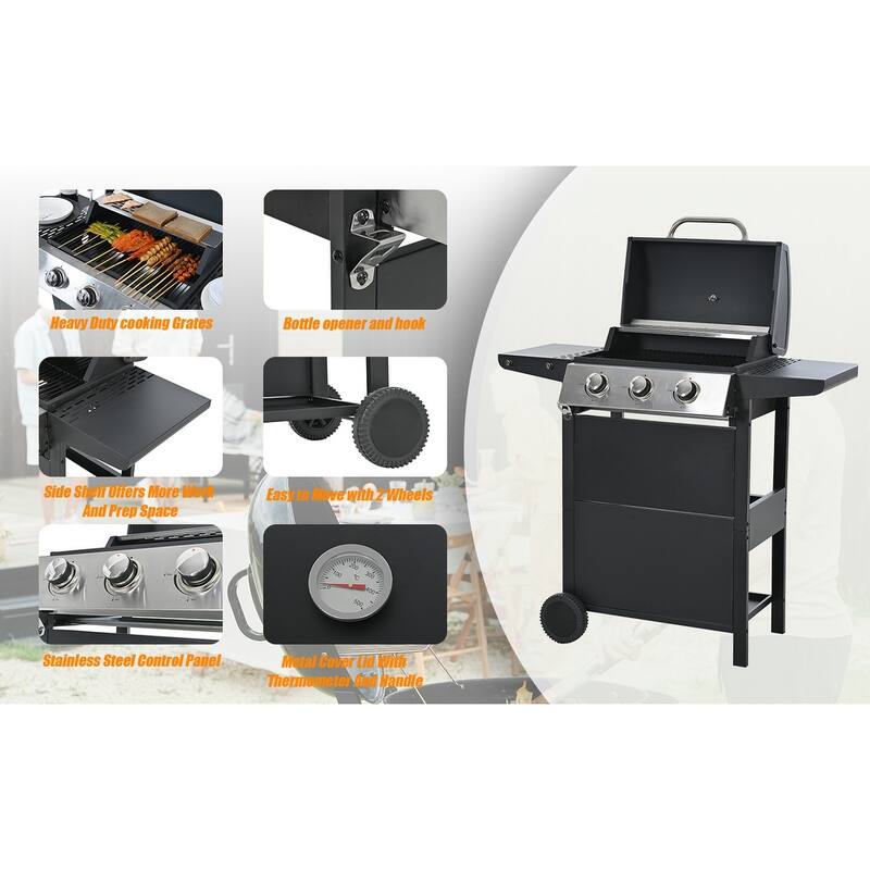 3 Burner Propane Gas Grill with 2 Shelves and Lid, Stainless Steel BBQ Grill with Wheels and Bottle Opener for Picnic