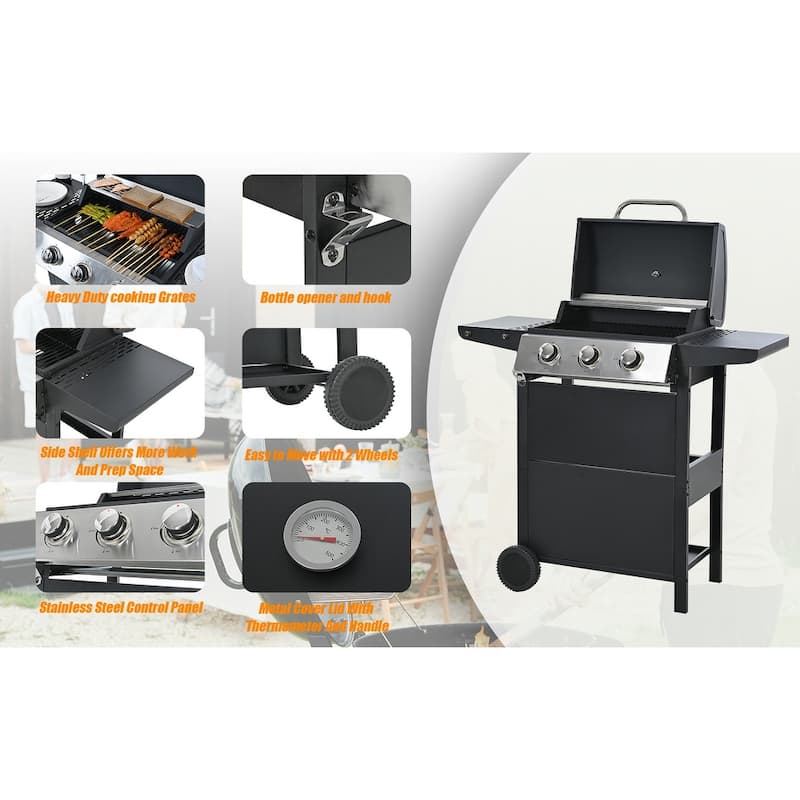 Propane Gas Grill Stainless Steel 3 Burner Barbecue Grill with 2 Shelves Lid, Wheels and Bottle Opener, for Patio Garden