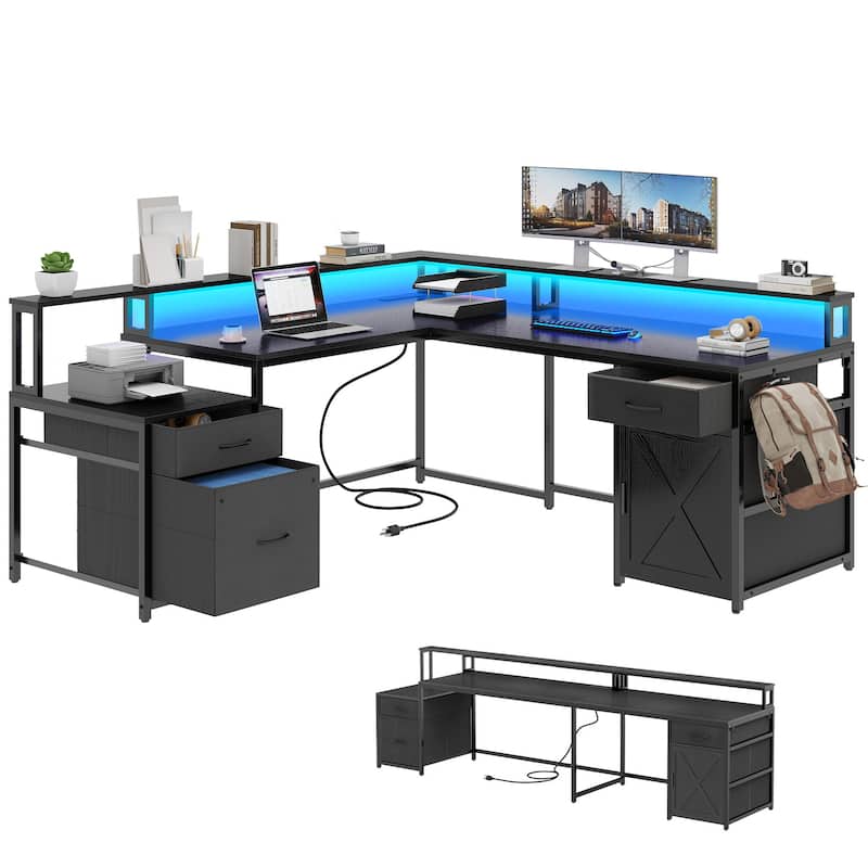 Moasis 63" Corner L Shaped LED Computer Desk with Drawers & Power Outlets - Black