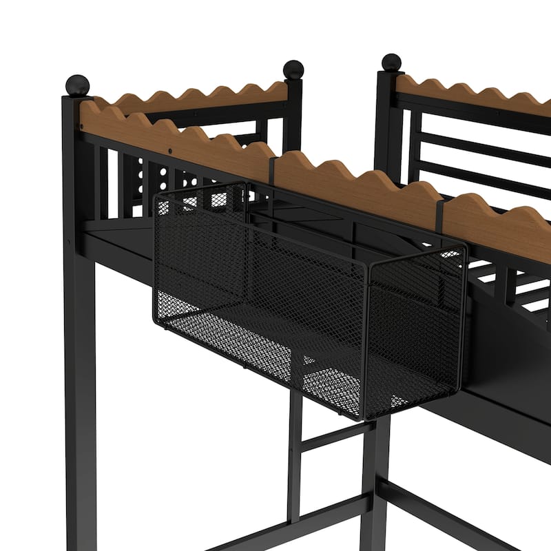 Modern Metal Loft Bed with Shelves & Bookshelf, Ladder Entry, No Box Spring Needed, Multi-Size