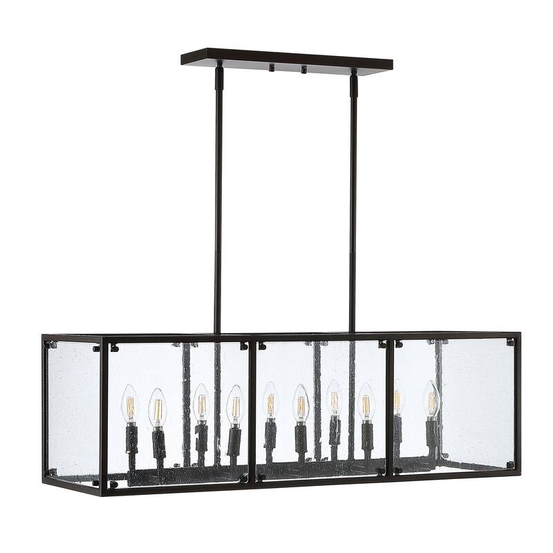 Atelier 35" Linear 10-Light Adjustable Iron/Seeded Glass Rustic Farmhouse LED Pendant, Oil Rubbed Bronze by JONATHAN Y