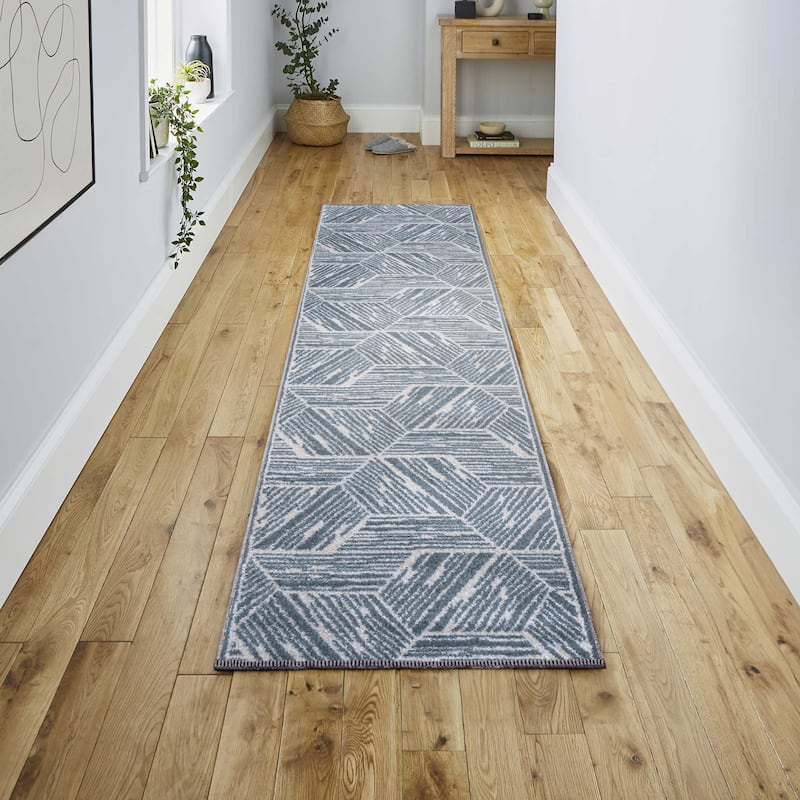JONATHAN Y Koda Modern Coastal Geometric Machine-Washable Blue/Cream Area Rug