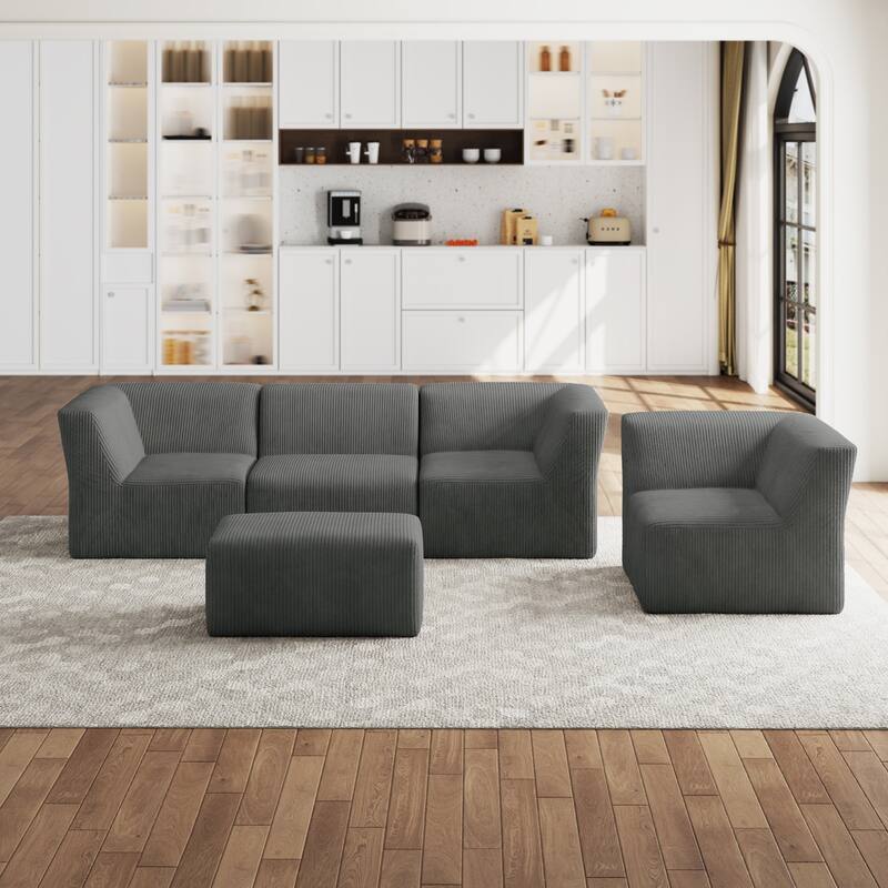 5-Pieces Modular Corduroy Sectional Sofa with Removable Ottoman