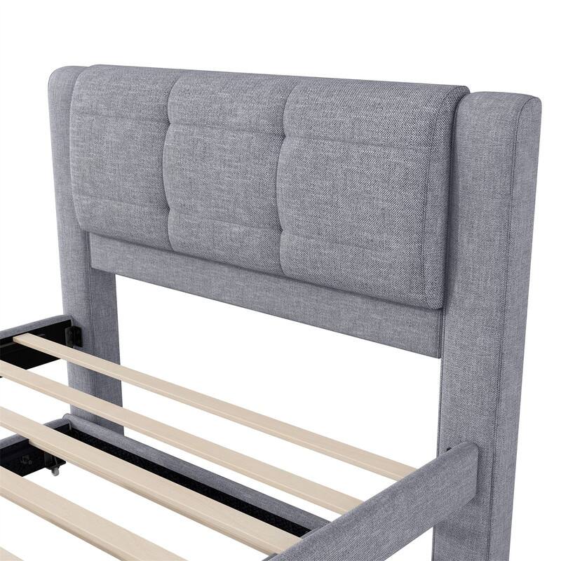 Full Size Upholstered Platform Bed with Pull-Out Trundle, Modern Bed Frame with Headboard, Trundle can be flat or erected