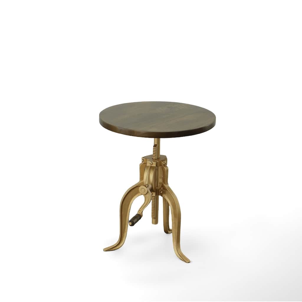 Brass Iron Base Adjustable Height End Table with Solid Wood Round Top - 18” x 18” x 19” (D x W x H)