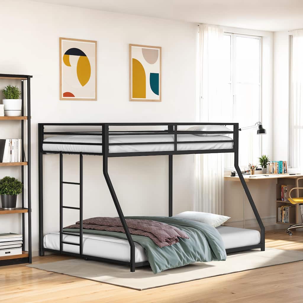 Twin Over Full Metal Bunk Bed with Attached Ladder, Matte Black Finish