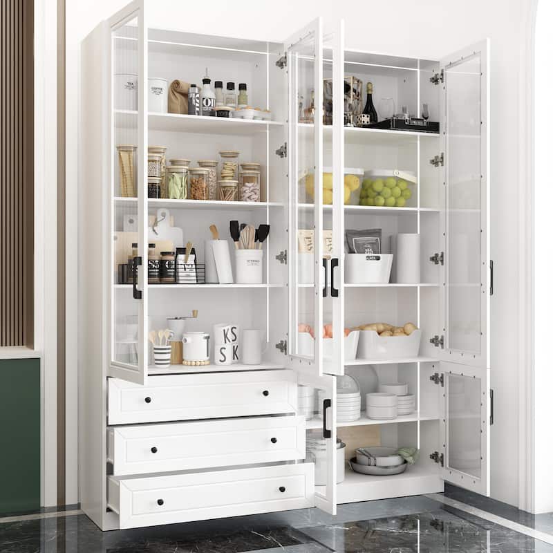 White Storage Solution with Ambient Light Features Pantry Bookshelves - 63"X78.7“