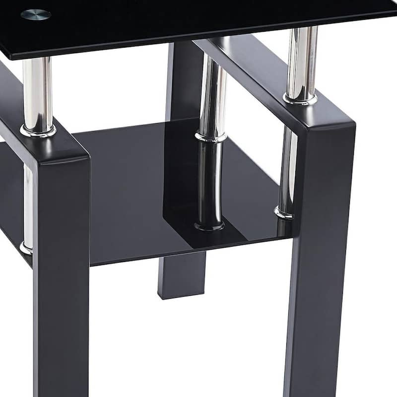 HomeRoots Set of Two Black Glass and Metal Square End Tables With Shelf - 17.72 in. x 20.48 in. x 17.72 in.